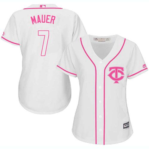 Twins #7 Joe Mauer White/Pink Fashion Women's Stitched MLB Jersey - Click Image to Close